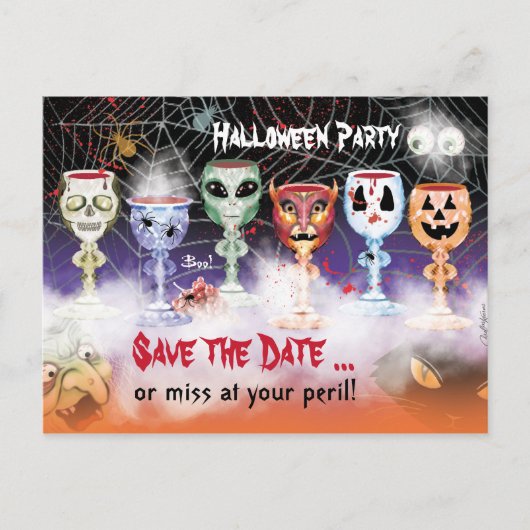 Invitation Carte Postale Halloween Party, Ghoulish Wine Goblets (Devant)