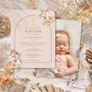 Invitation Carte Postale Herbe des Pampas Arche Dorée Photo Baptême