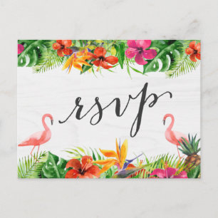 Invitation Carte Postale Hibiscus tropical Flamant rose floral Réponse RSVP