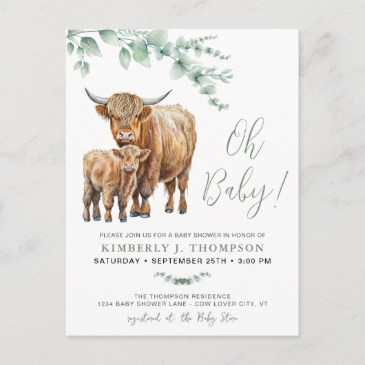Invitation Carte Postale Highland Cow Boho Baby shower vert Sage (Devant)
