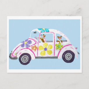 Invitation Carte Postale Hippie Welsh Corgis dans leur voiture d'amour Flow