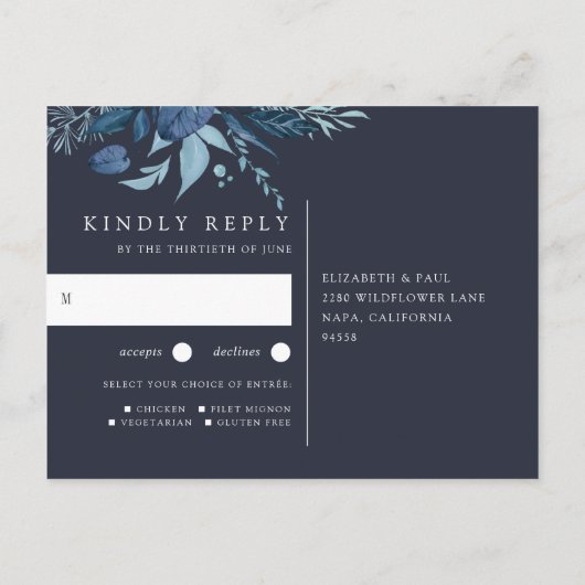 Invitation Carte Postale Hiver Azure | Botanical Repas Choice Wedice RSVP (Dos)