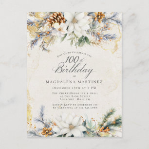 Invitation Carte Postale Hiver Blanc Floral Végétation 100e anniversaire