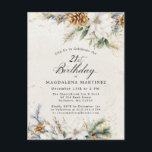Invitation Carte Postale Hiver Blanc Floral Végétation 21e anniversaire<br><div class="desc">L'une de nos plus populaires modèles d'invitation à fêtes d'hiver fleuris est placée sur une carte postale pour votre commodité et pour garder votre budget sur la bonne voie. De jolies fleurs blanches et des pinecones brunes sont nichées dans la végétation des pins d'hiver. Le design est encadré dans un...</div>