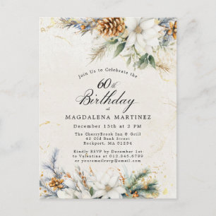Invitation Carte Postale Hiver Blanc Floral Végétation 60e anniversaire