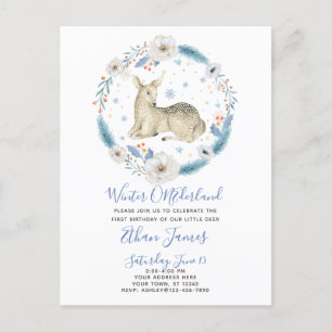 Invitation Carte Postale Hiver ONEderland Cerf Floral Baby 1er anniversaire