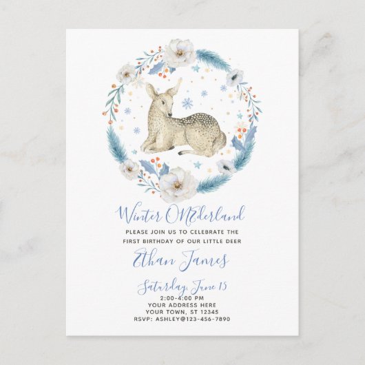 Invitation Carte Postale Hiver ONEderland Cerf Floral Baby 1er anniversaire (Devant)