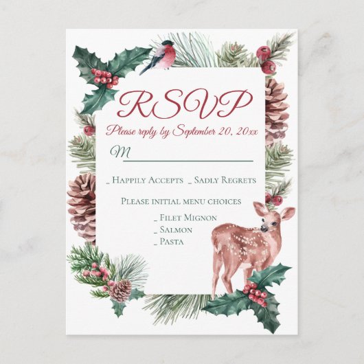Invitation Carte Postale Hiver RSVP Deer Floral Noël Mariage rouge (Devant)