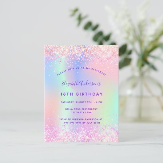 Invitation Carte Postale Hologramme rose violet d'anniversaire (Debout devant)