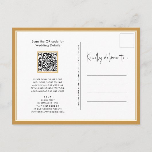 Invitation Carte Postale Honey Gold QR Code Tout en un Mariage moderne (Dos)