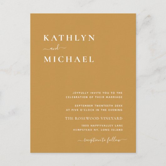 Invitation Carte Postale Honey Gold QR Code Tout en un Mariage moderne (Devant)