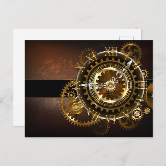 Invitation Carte Postale Horloge Steampunk avec des engrenages anciens (Devant / Derrière)
