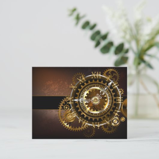 Invitation Carte Postale Horloge Steampunk avec des engrenages anciens (Debout devant)