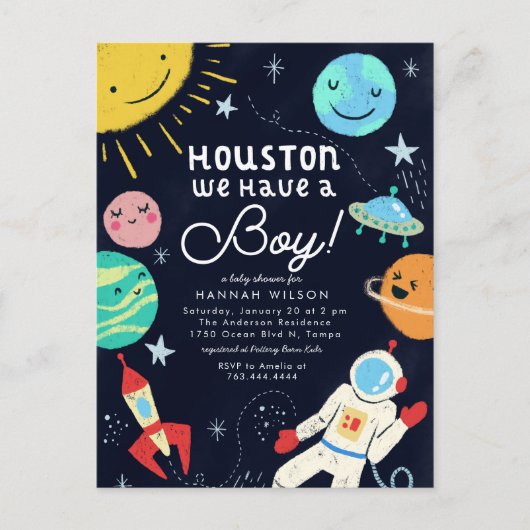 Invitation Carte Postale Houston Nous Avons Un Baby shower Spatial Garçon (Devant)