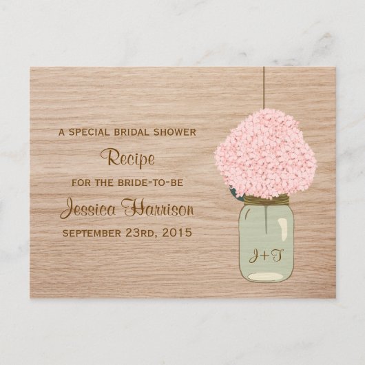 Invitation Carte Postale Hydrangée rose et Fête des mariées de pot Mason (Devant)