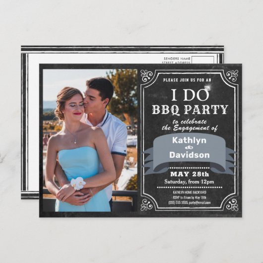 Invitation Carte Postale I DO Fiançailles Photo Black Chalkboard BBQ Party (Devant / Derrière)