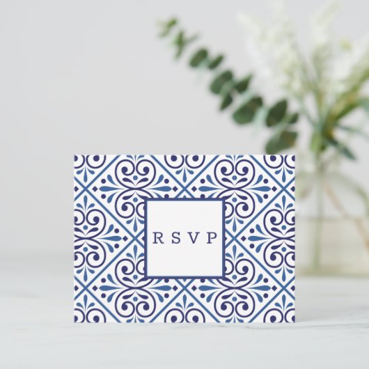 Invitation Carte Postale Indigo en tuile espagnole Mariage de marine RSVP R (Debout devant)