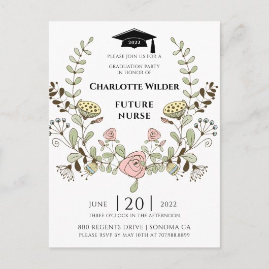 Invitation Carte Postale Infirmière diplômée 2022 Floral Laurel (Devant)