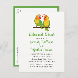 Invitation Carte Postale Inséparables Green Mariage Lovebird Répétition Dîn