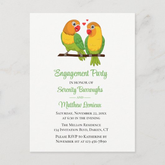 Invitation Carte Postale Inséparables Green Yellow Lovebird Engagement Part (Devant)