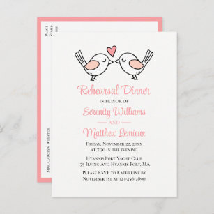 Invitation Carte Postale Inséparables Mariage rose Lovebirds Dîner de répét