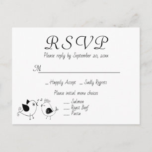 Invitation Carte Postale Inséparables RSVP Mariage Noir Blanc Oiseaux Fête