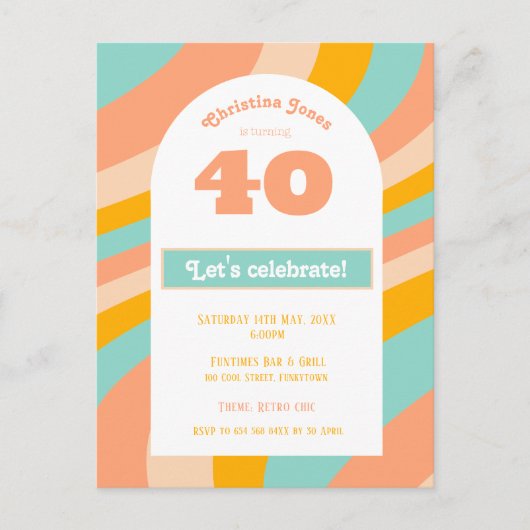 Invitation Carte Postale Invitation, 40e anniversaire de fête pastel rétro  (Devant)