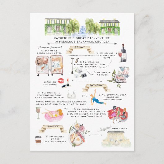 Invitation Carte Postale Itinéraire du week-end de bachelorette | Savannah, (Devant)