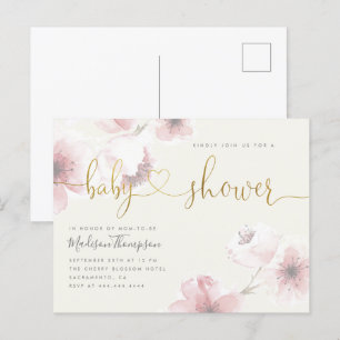 Invitation Carte Postale Ivoire Baby shower floral en fleurs de cerisier