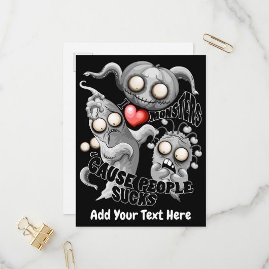 Invitation Carte Postale J'aime les Monstres parce que les Gens Sont Nuls (Devant/Arrière en situation)
