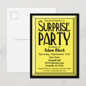 Invitation Carte Postale Jaune Art déco biseauté Anniversaire Surprise Part (Devant / Derrière)