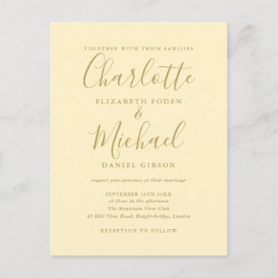 Invitation Carte Postale Jaune Bouton d'Or Et Mariage Script Or