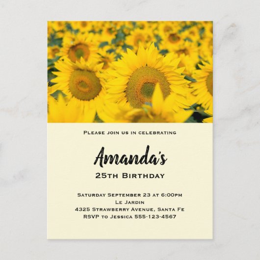 Invitation Carte Postale Jaune Fleur de soleil Anniversaire (Devant)