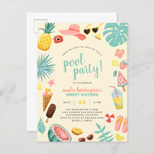 Invitation Carte Postale Jaune   Watermelon Pineappon Tropical Pool Party