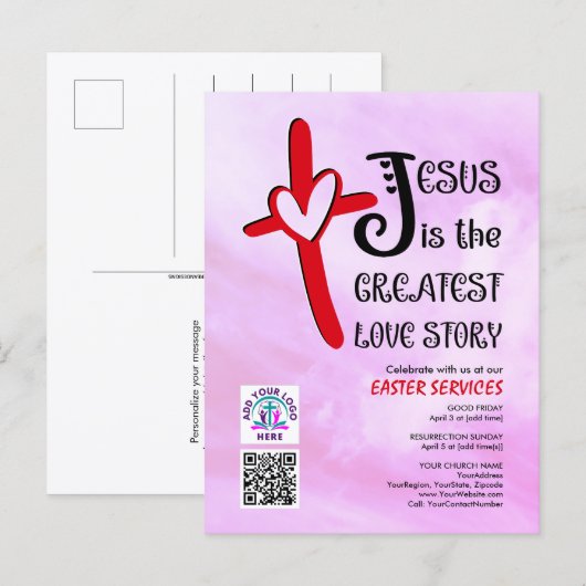 Invitation Carte Postale JESUS GREATEST LOVE STORY Logo QR Code EASTER (Devant / Derrière)