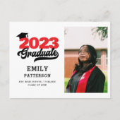 Invitation Carte Postale Jeu de graduation photo moderne Red Elegant Script (Devant)