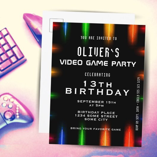 Invitation Carte Postale Jeu Vidéo Jeu Neon Couleur Jeu Anniversaire