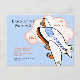 Invitation Carte Postale Joli avion atterrit à ma fête d'anniversaire Bleu