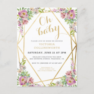 Invitation Carte Postale Joli Baby shower Floral Rose Or Géométrique En