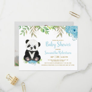 Invitation Carte Postale Joli bleu vert Boy Panda Baby shower Photo