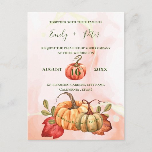 Invitation Carte Postale Joli Citrouille automne Feuilles Monogram Mariage  (Devant)
