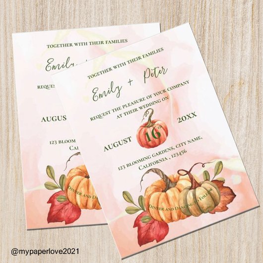 Invitation Carte Postale Joli Citrouille automne Feuilles Monogram Mariage 