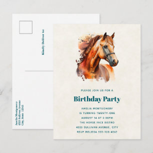 Invitation Carte Postale Joli portrait de cheval alezan pour anniversaire