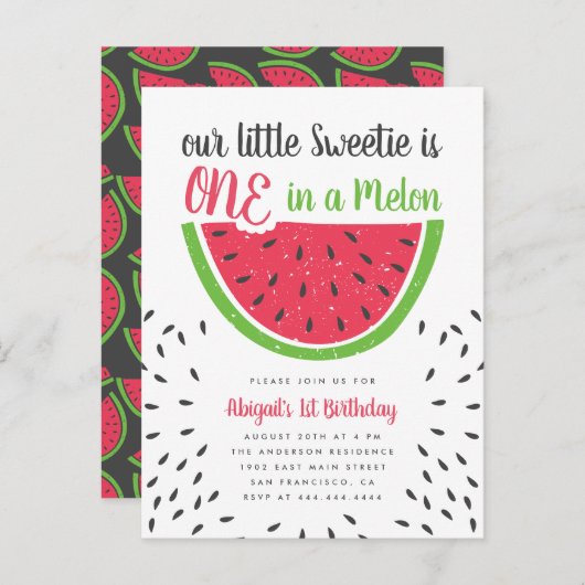 Invitation Carte Postale Joli Un Dans Un Melon Pastèque Enfants 1er Anniver (Devant / Derrière)