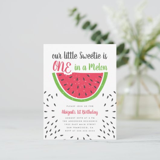 Invitation Carte Postale Joli Un Dans Un Melon Pastèque Enfants 1er Anniver (Debout devant)