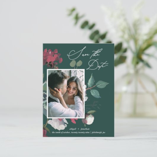 Invitation Carte Postale Jolie aquarelle florale Vert foncé Enregistrer la (Debout devant)