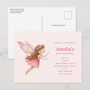 Invitation Carte Postale Jolie Fille Fée en Robe Rose Anniversaire