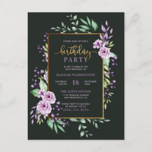 Invitation Carte Postale Jour d'anniversaire botanique mauve de chic Gold S