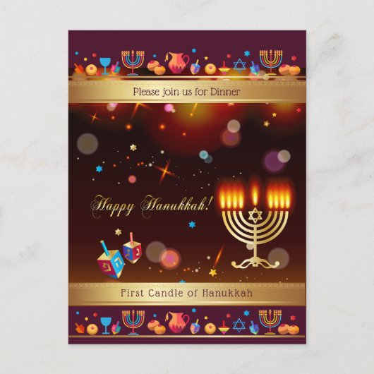 Invitation Carte Postale Joyeuse fête de Hanouka Or Hanukkiah (Devant)