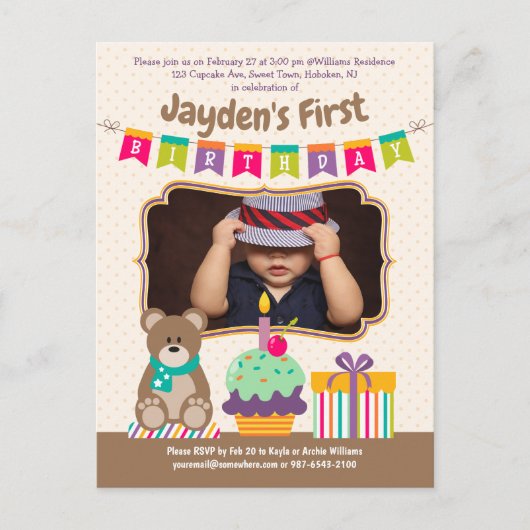 Invitation Carte Postale Joyeux 1er anniversaire Nounours Cupcake Bunting P (Devant)